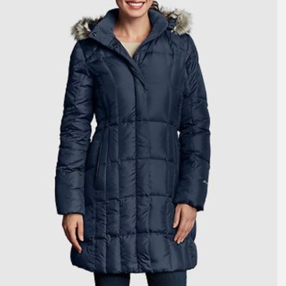 Eddie Bauer Women's XL Lodge Down Parka Navy Blue Puffer Coat Faux Fur Hood Plus